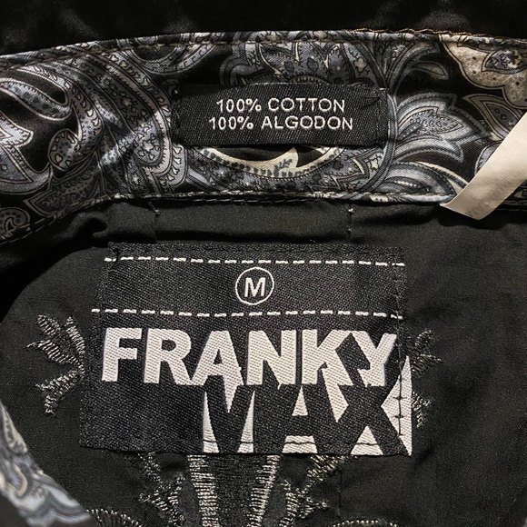 Franky Max Men’s Embroidered w/ Paisley trims Long Sleeve Shirt Size M Black - Picture 6 of 9